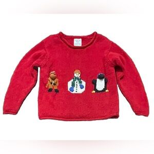 Vintage Talbots Kids Hand Knit Red Sweater Christmas 3D Appliqué Penguin Sz 4
